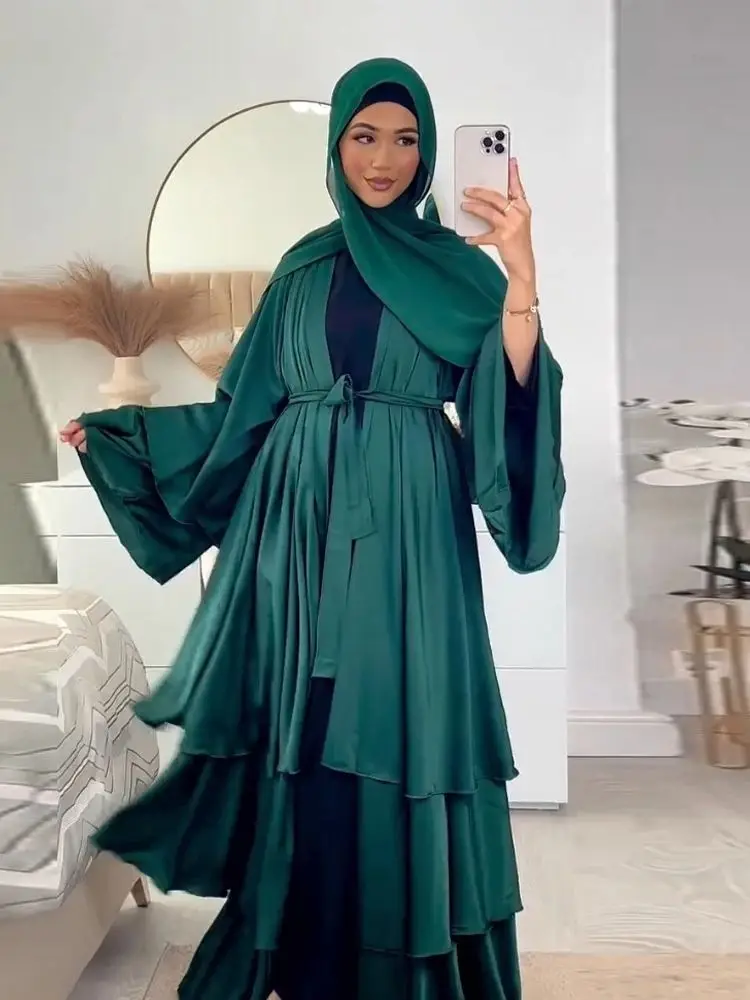 Open Abaya Dubai Triple Layers Velvety Satin Kimono Muslim Women Islamic Clothing Turkish Outwear Modest Cardigan Ramadan Eid