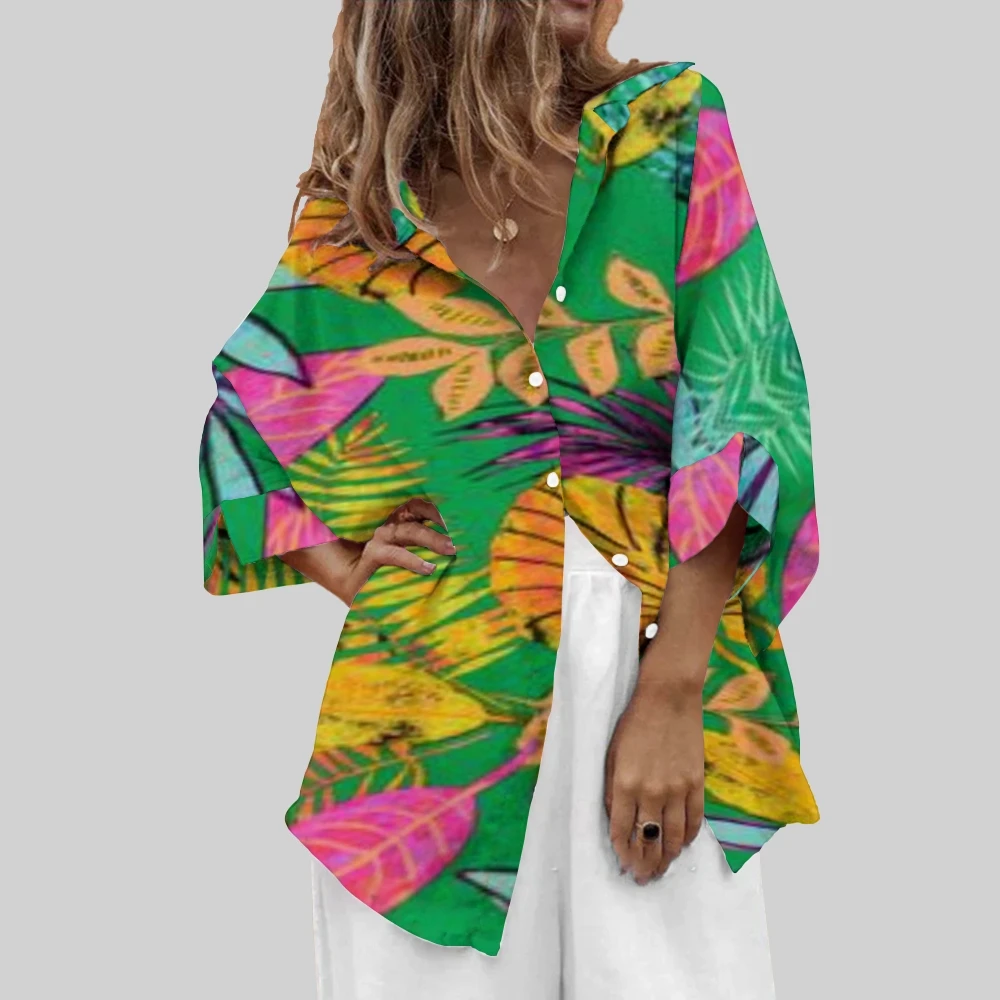 

Green Casual Loose Women's Lapel Shirt Leaf Print Nice Long Sleeve Trend New Beach Vacation Blouse Women's Clothes