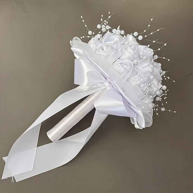 باقة زفاف عروس فاخرة من الحرير الوردي باقة زهور صناعية محمولة مع شريط زفاف عتيق لتزيين باقة الزفاف