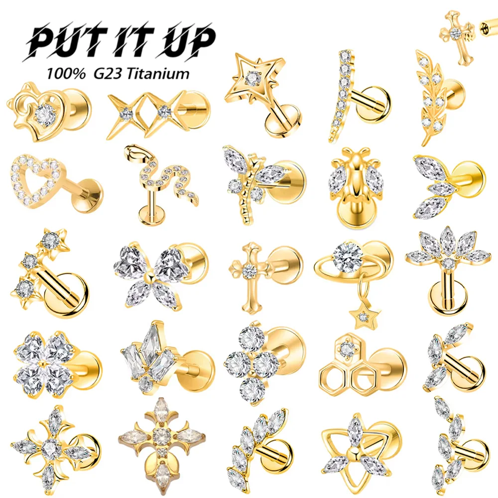 PUTITUP Official F136 Titanium Zirconia Stud Set Earrings Luxury Cartilage Helix Tragus Lip Body Piercing Jewelry For Women Men