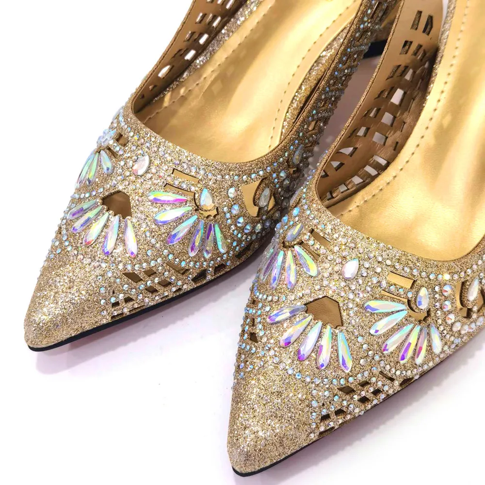 Sandals Golden Elegant Shiny Retro Alloy Full Rhinestone Accessories Ladies Shoes And Bag Set Wedding Party Shoes And Bag