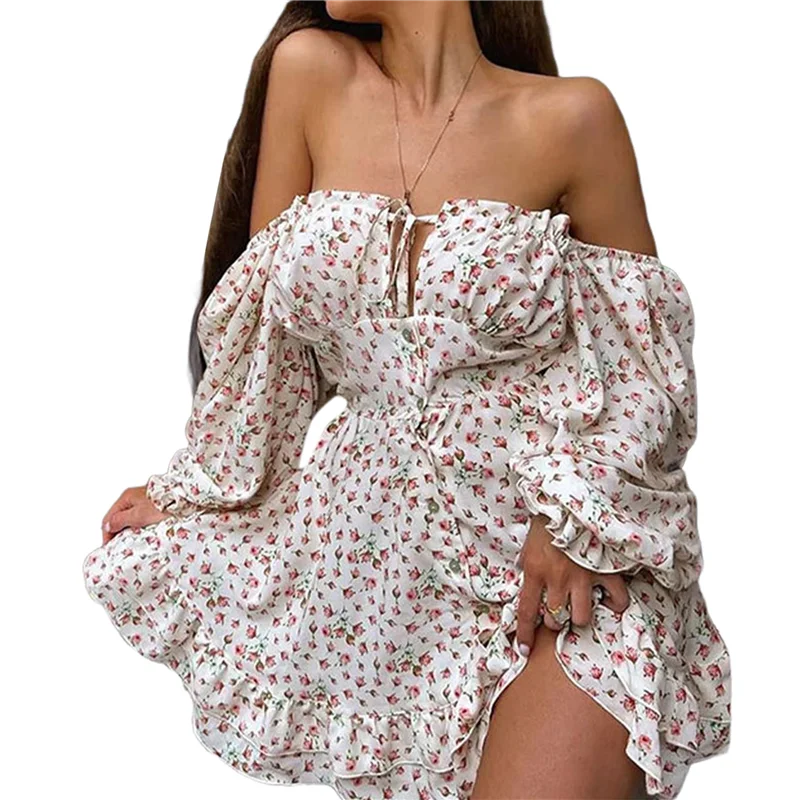 ABRT-Women's Floral Off Shoulder Puff Sleeve Short Dress Boho Frill Trim A Line Mini Dresses White S