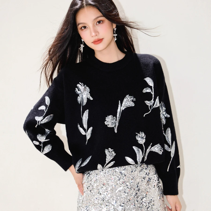 

Elegant Luxury Brand Designer Runway Sweater for Women Winter Floral Sequin Beaded Long Sleeve Loose Warm Knitted Top