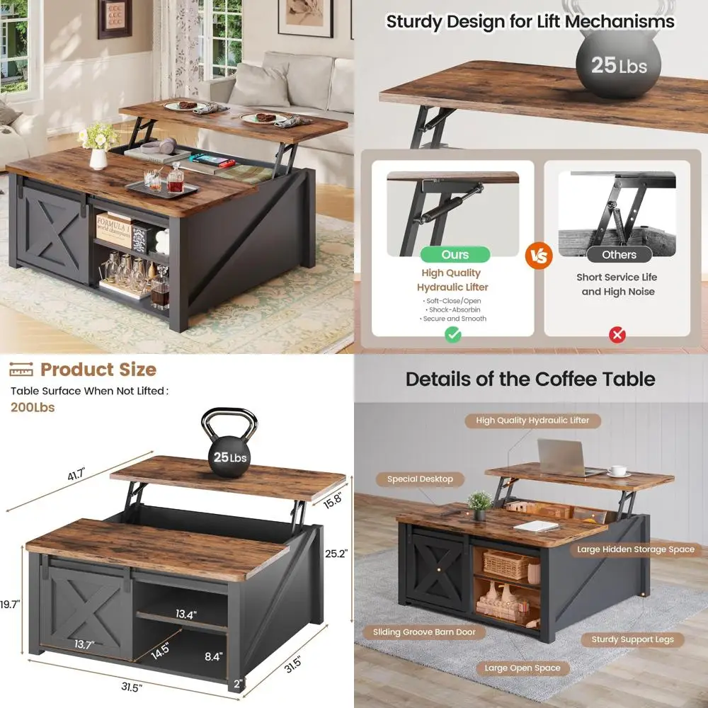 

Журнальный столик с подъемным верхом в стиле фермерского дома и местом для хранения вещей, квадратная мебель для гостиной, большое скрытое место для хранения вещей