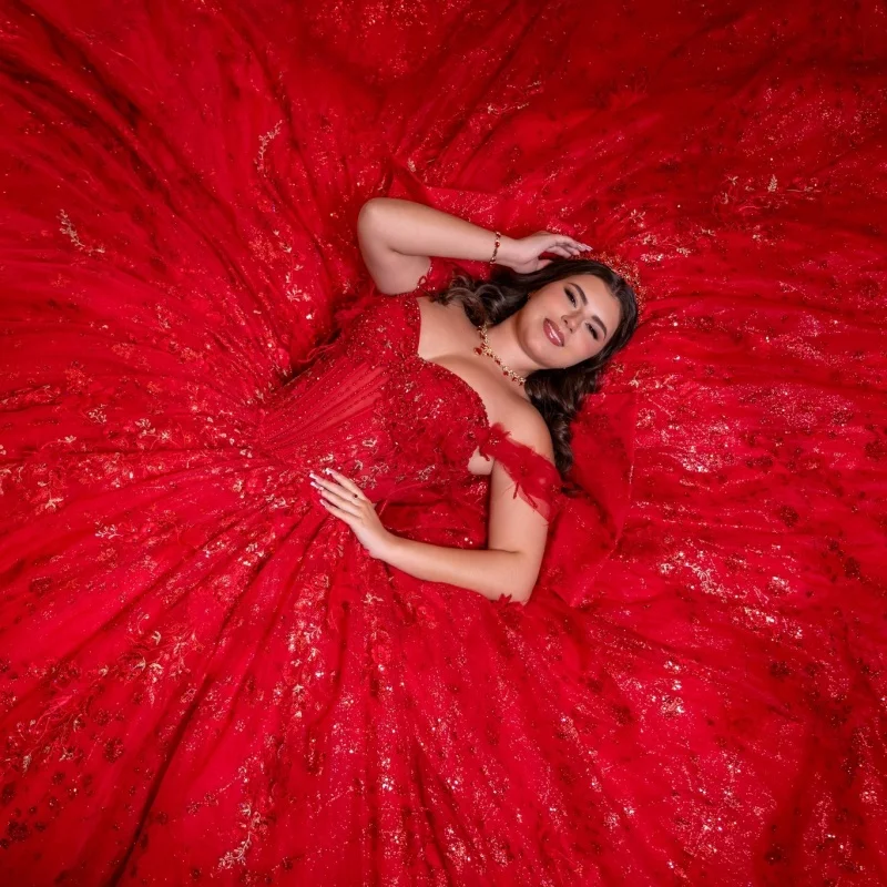 Shiny Red Quinceanera Dress off-shoulder Sequins Flower Crystal Decal Long tail Bow vestidos de 15 Quinceanera Customize