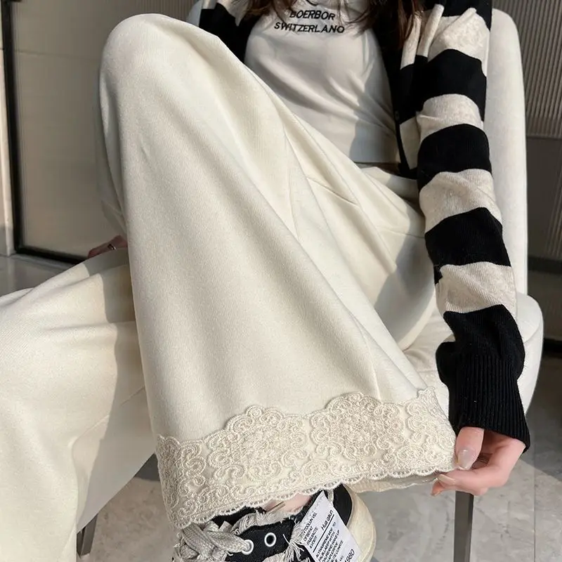 Lace Lace Spliced Wide-leg Pants for Women in Spring High Waist Loose Slim Straight Pants Small Nine-point Guard Pants