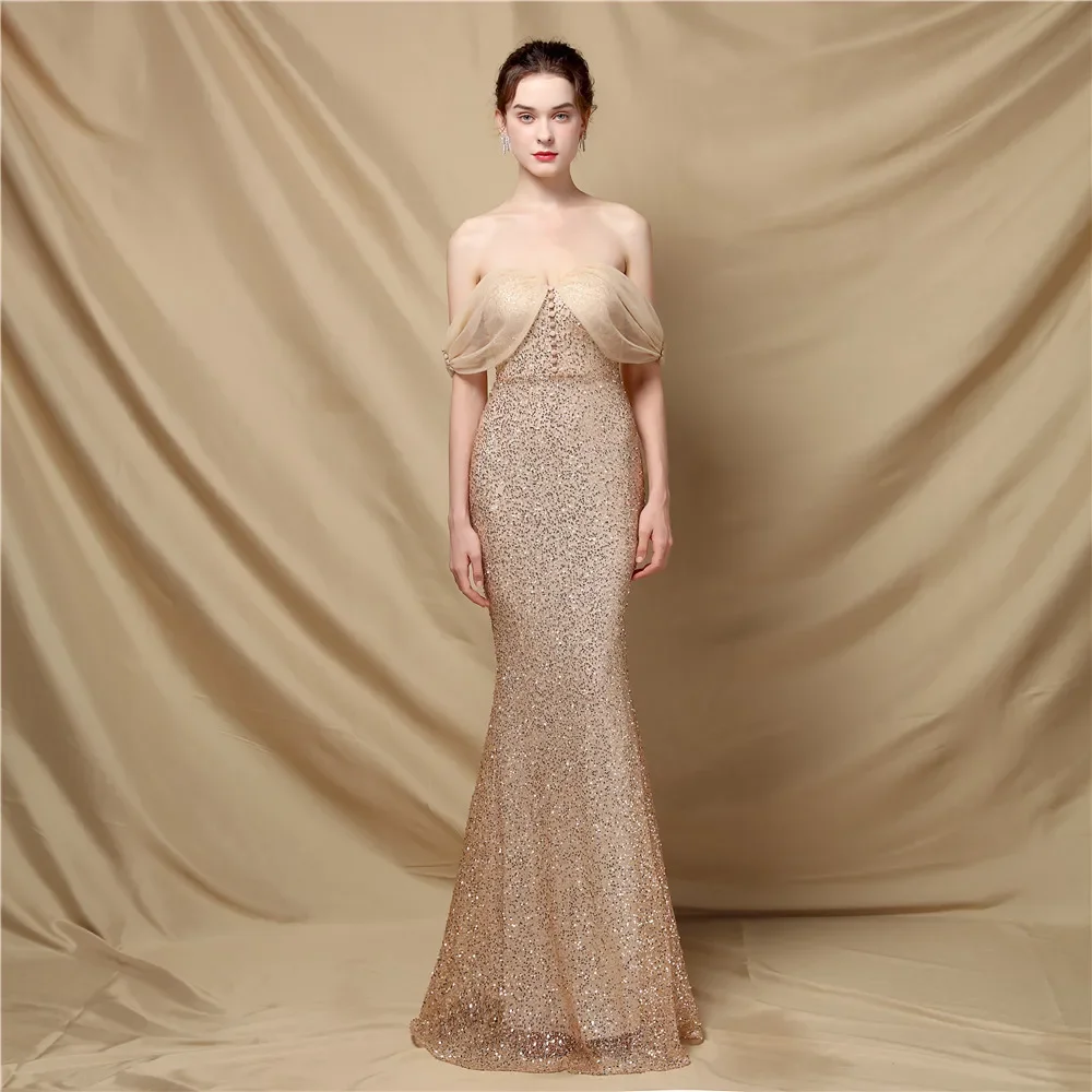 

Evening Dresses Champagne Sequins Stretchy Button Off the Shoulder Zipper Mermaid Trumpet Floor Length Women Party Formal Gowns