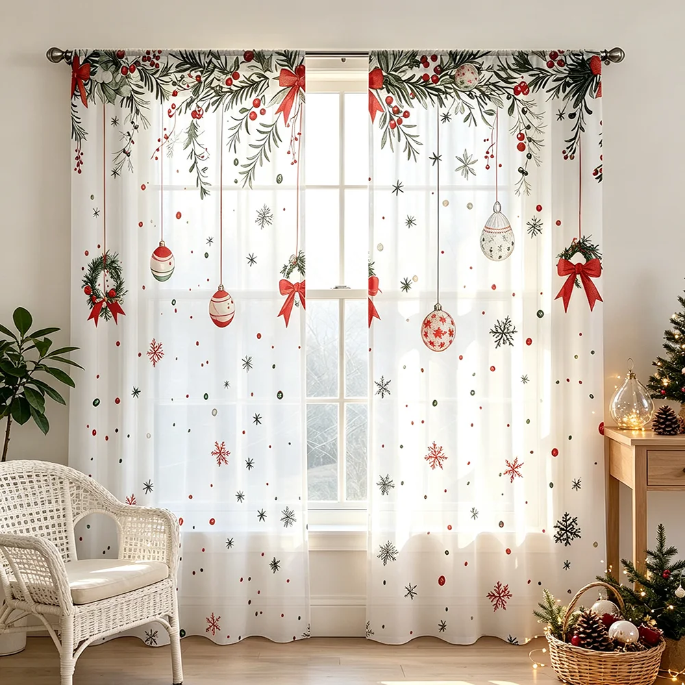 2PCS Christmas Winter Sheer Curtains, Pine Hanging Bauble, Digital Print, Bedroom Living Room, Rod Pocket Polyester, Home Decor