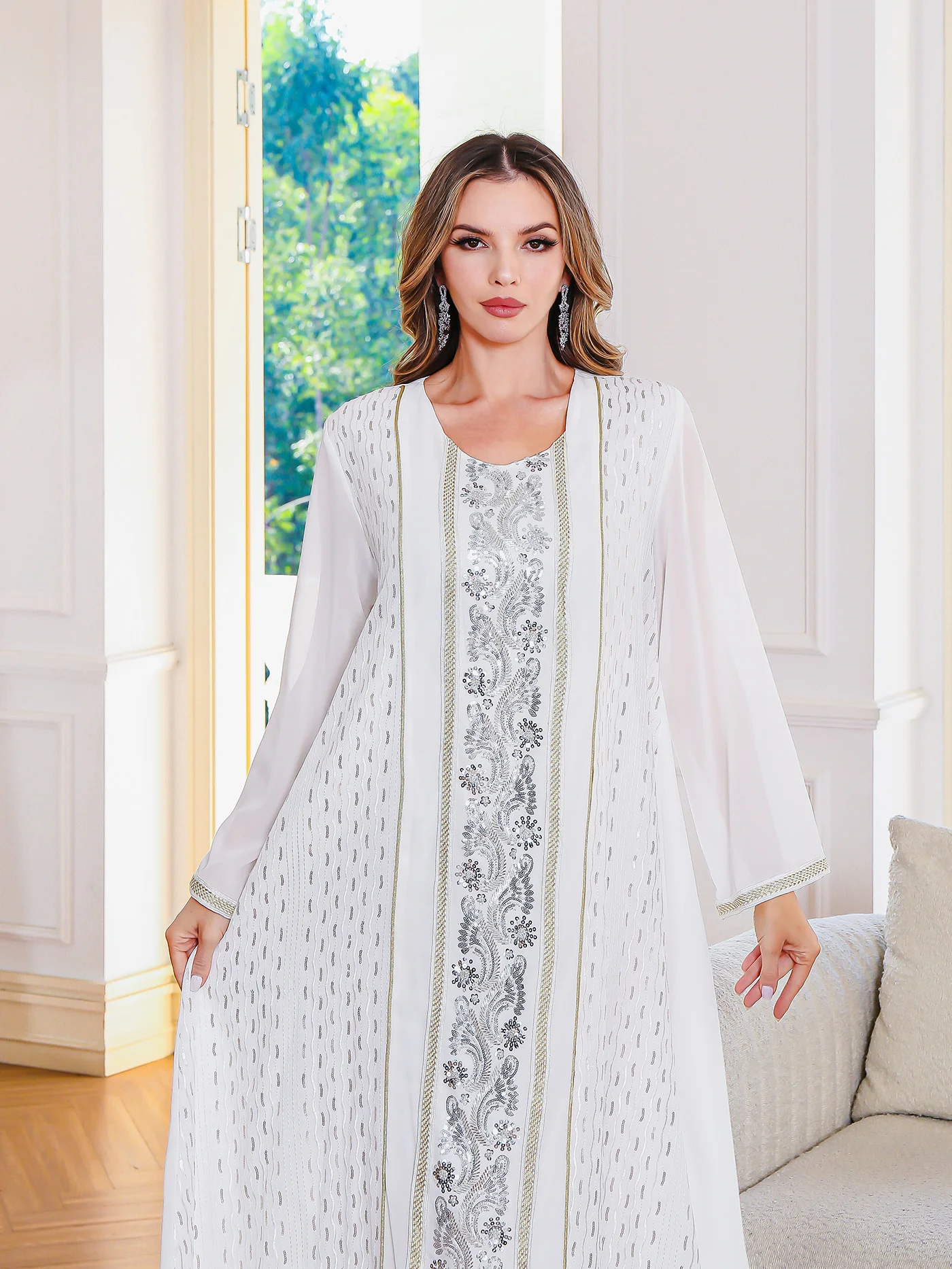 

Новое платье с пайетками, элитное элегантное чистое мусульманское платье из двух частей на Ближнем Востоке, стильный и удобный дизайн, подходит для повседневного ношения,