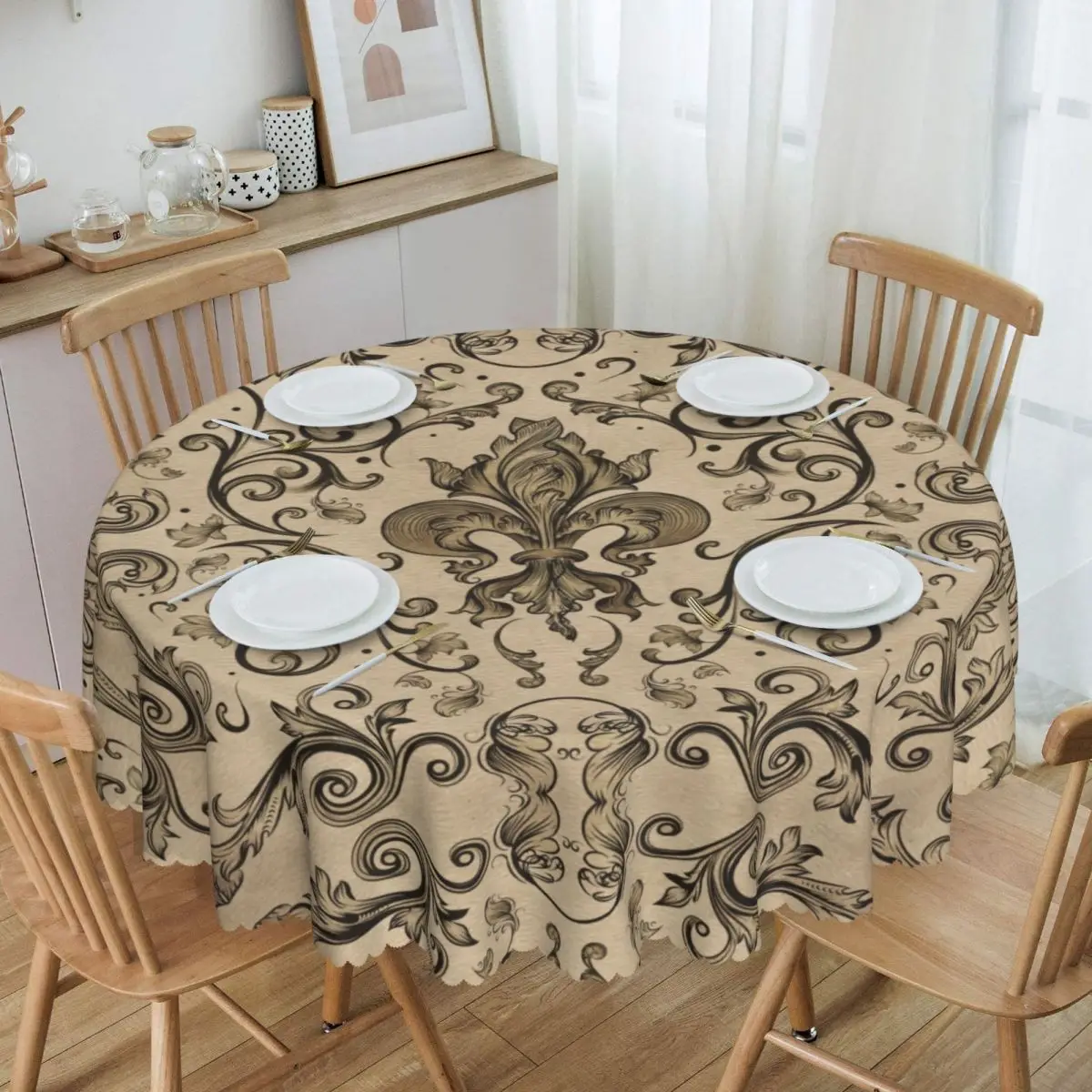 

Round Fitted Vintage Fleur De Lis Table Cloth Oilproof Tablecloth 60 inches Table Cover for Kitchen Dinning