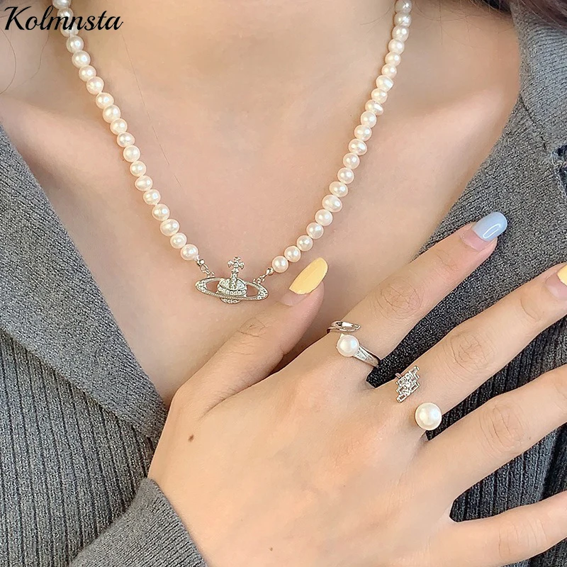 Kolmnsta 925 Sterling Silver Quality Pearl Opening Rings Shinny Zircon Adjustable Ring For Women Wedding Engagement Party Gift