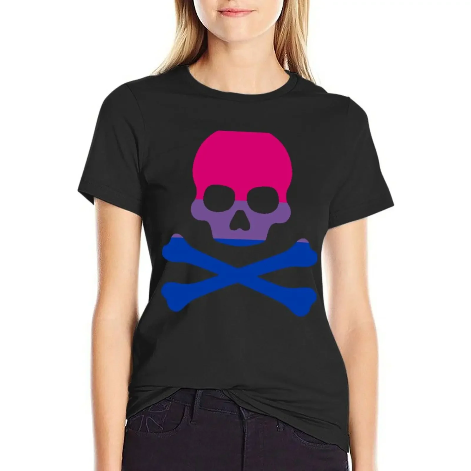 

Pirate Jolly Rodger in Bisexual Pride Flag Colors T-Shirt tops sublime vintage clothes Women's t-shirt