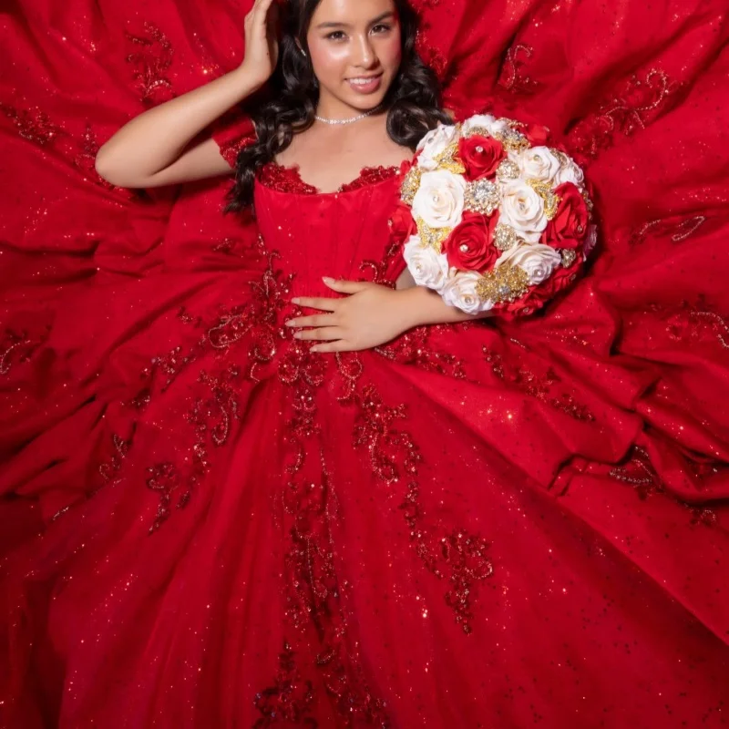 

Shiny Red Quinceanera Dress off-shoulder Glitter Layering Flower Decal Long tail Bow vestidos de 15 Quinceanera ﻿Customized