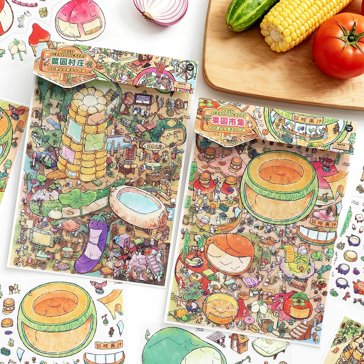 TIANZI 4/8 Pcs Scenes Cartoon Landscape Sticker DIY Cabin Scene Stacking and Pasting Hand Account Decompression Stationery