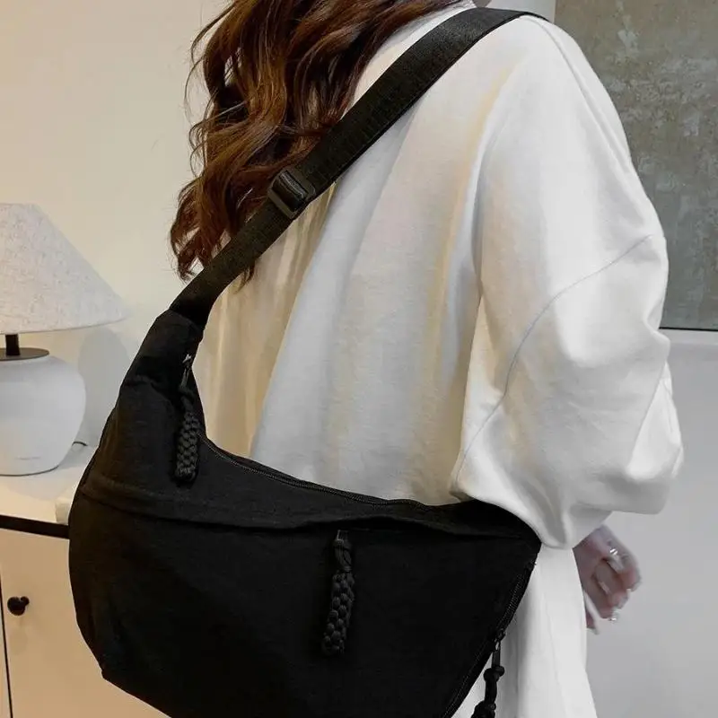 Burgundy Nylon Crescent Crossbody Bag Adjustable Strap Big Capacity For Work Travel Shopping