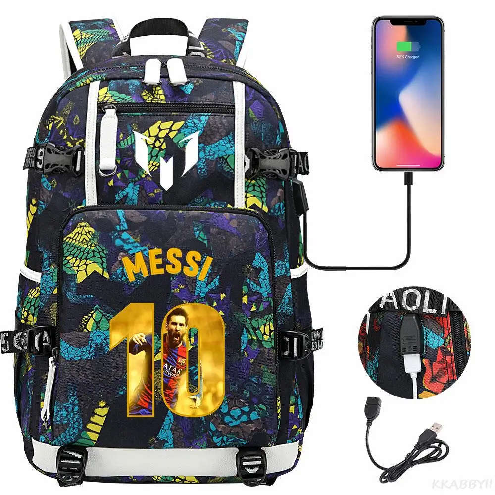 Messi-Sac à Dos d\'École Noir pour Garçon et Fille, avec Chargeur USB, 4x4, Mochila InTalk l