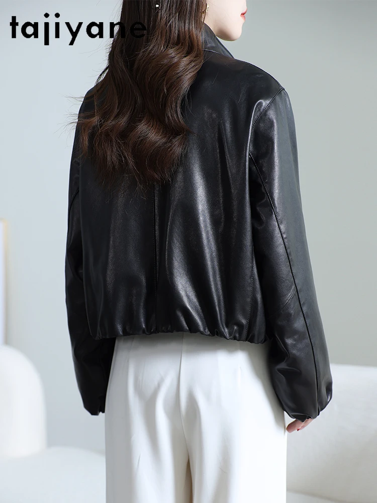 TAJIYANE سترة جلد الغنم الحقيقية الطبقة العليا امرأة فضفاضة عادية سترة جلدية حقيقية معطف الخريف القصير 2025 ملابس حريمي كورت