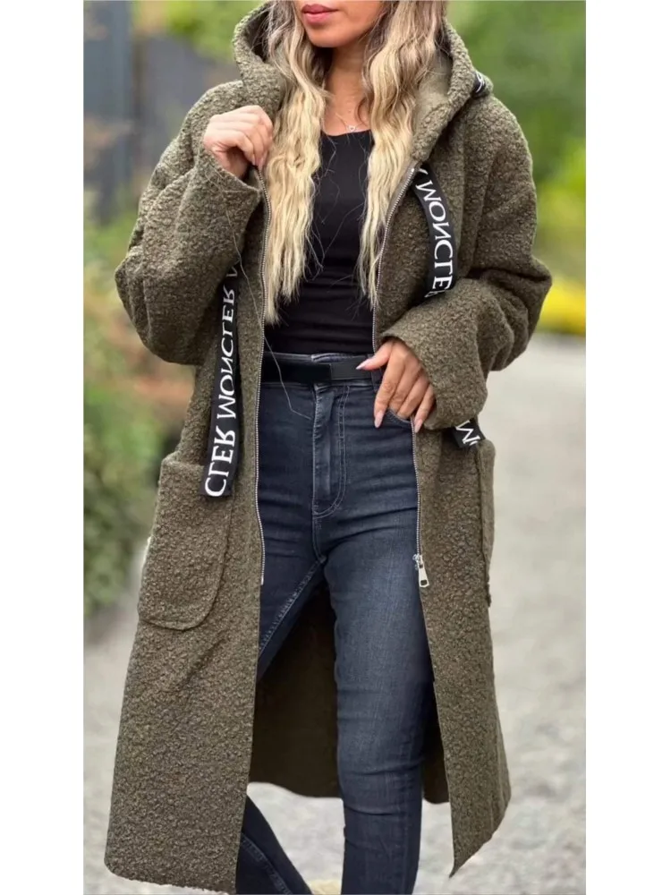 Women\'s Lambswool Hooded Coats Autumn Winter Pocket Zipper Longline Hoodie Daily Solid Casual Long Sleeve Cardigan Trench Coat