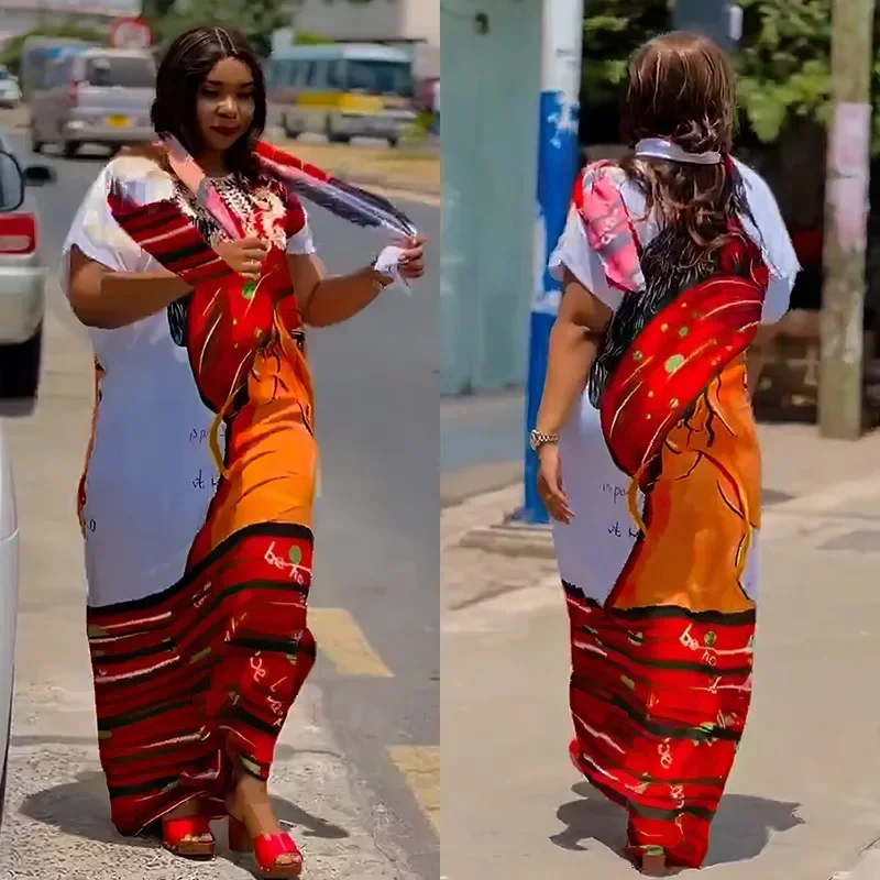 Весенние модные африканские платья больших размеров с принтом для женщин, африканские длинные платья макси с рукавами 3/4 и круглым вырезом для свадебной вечеринки, наряды