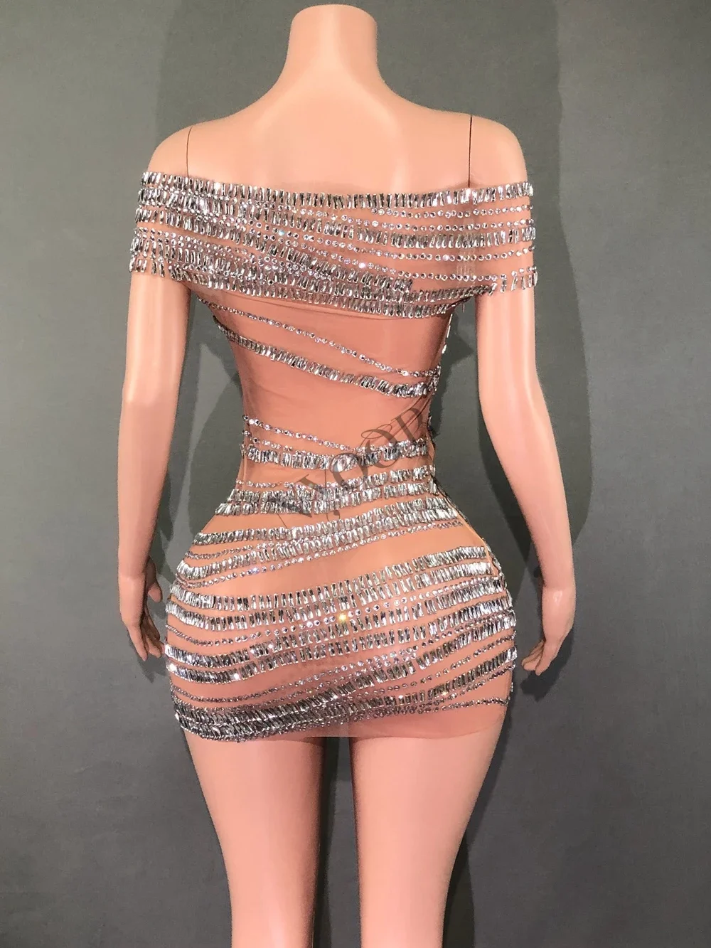 Shinning Big Crystal Women Sexy Slash Neck Bodycon Mesh See Through Mini Dress Nightclub Party Performance Costumes Stage Wear