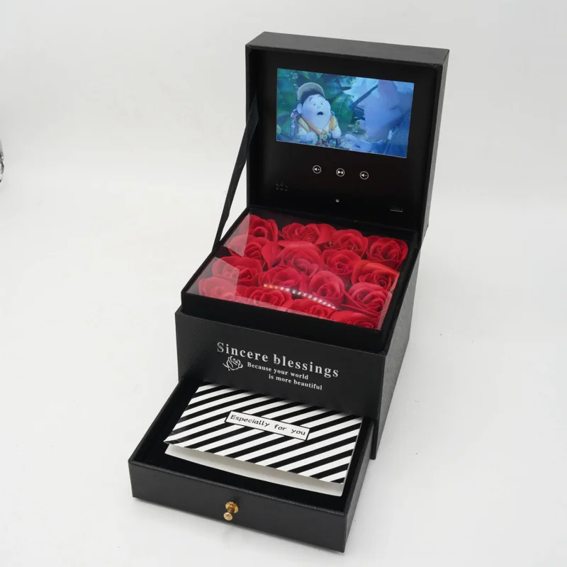 Luxury 4.3 Inch Lcd Screen Rigid box Ring Jewelry Rose Flower Packaging Custom Video Gift With Drawer