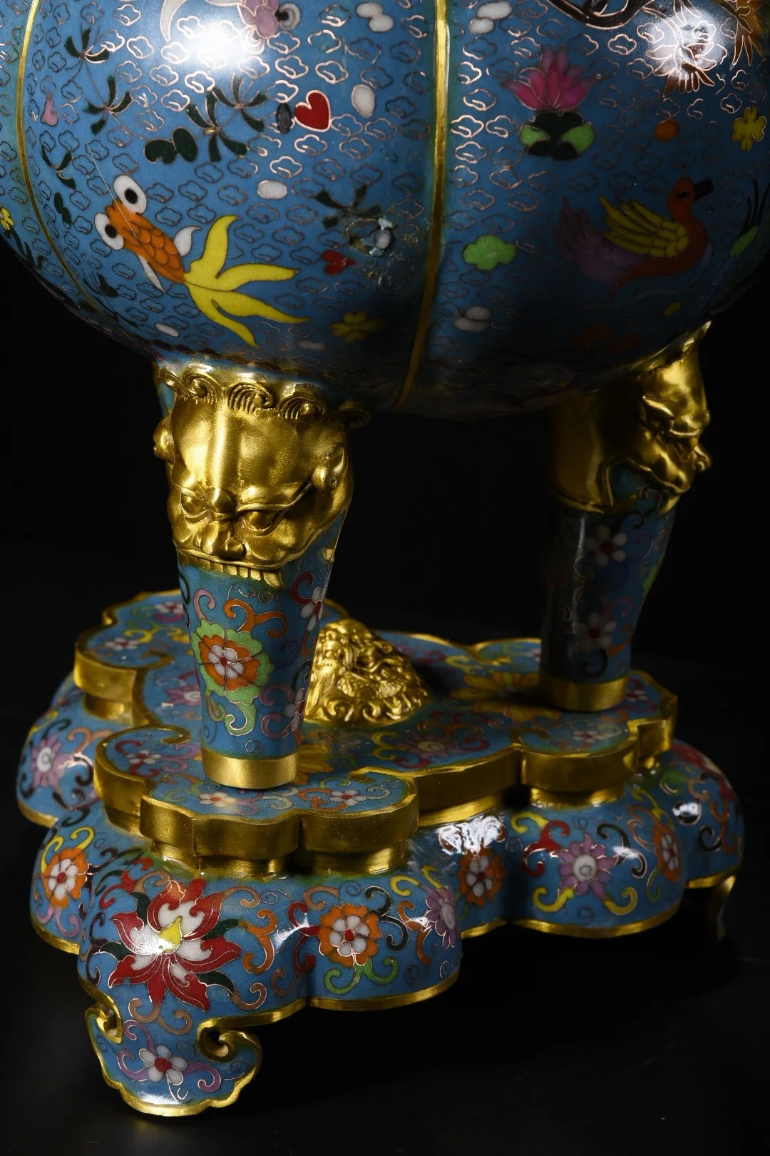 

23"Xizang Folk Old Purple Bronze Cloisonne Enamel Unicorn Statue Dragon Ear Three legged incense burner Base