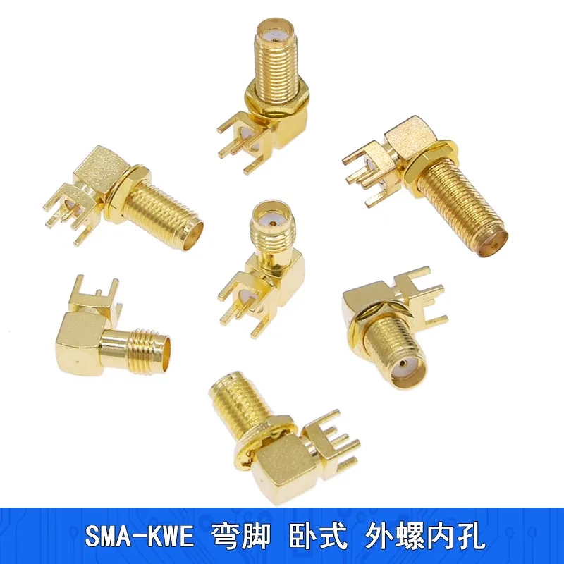 Right-angle SMA-KWE female RF connector: bent pin, inner thread, 14-23mm horizontal mount for PCB welding