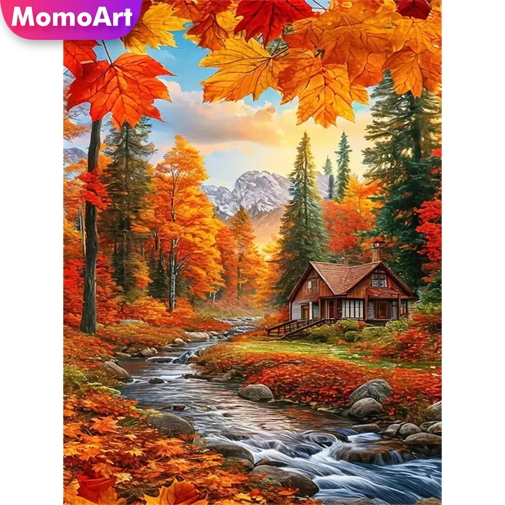 Momoart Vollquadrat Rundes Haus Diamant Stickerei Herbst Landschaft DIY Malerei Baum Neue Ankunft Mosaik Fluss Einzigartiges Geschenk