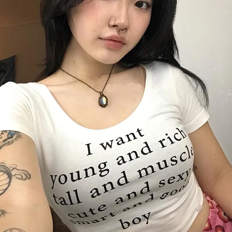 Karrram Korean Fashion Crop Tops Grunge Letter Print T-shirts Kpop Sexy Slim Short Sleeve Tee Shirts Japanese Style Streetwear