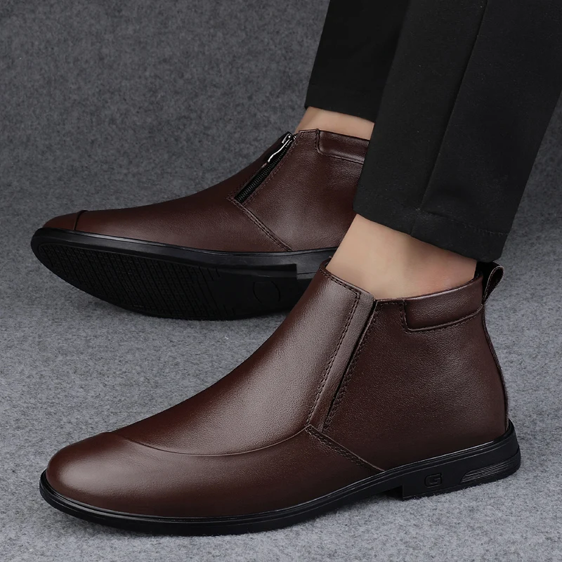 Business Chelsea Boots Mens Winter Ankle Boots Men Genuine Leather Men Boots Fur Snow Boots Men Winter Dress Shoes 2022 New