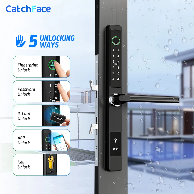 Waterproof TTLock Outdoor Gate Fingerprint Bluetooth APP RFID Code Keyless Electronic Smart Door Lock for Glass Aluminum Sliding