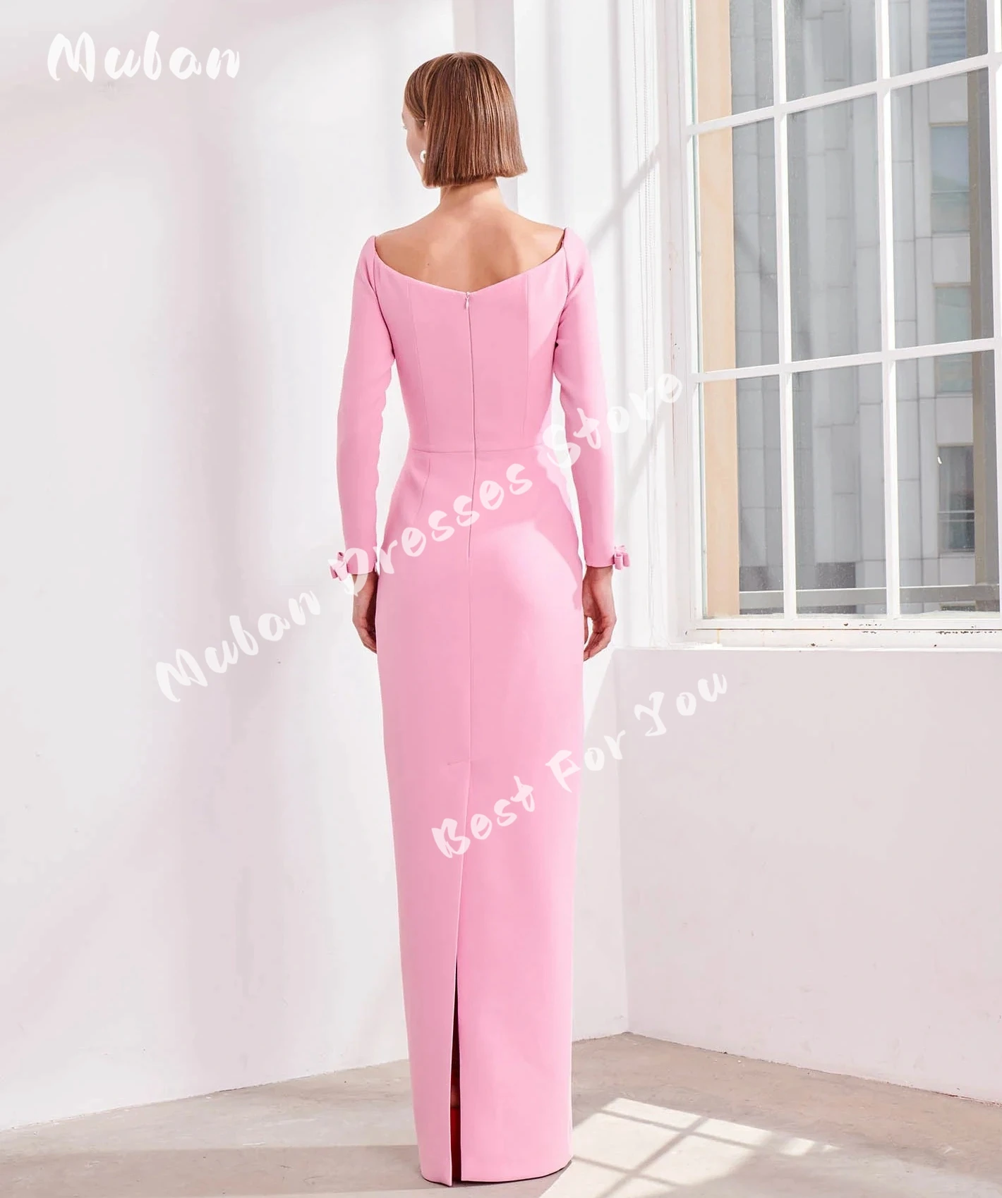 Off Shoulder Long Sleeves Bow Prom Dresses Back Slit Zipper Elegant Evening Dresses 2024 Formal Wedding Party Gown Vestidos