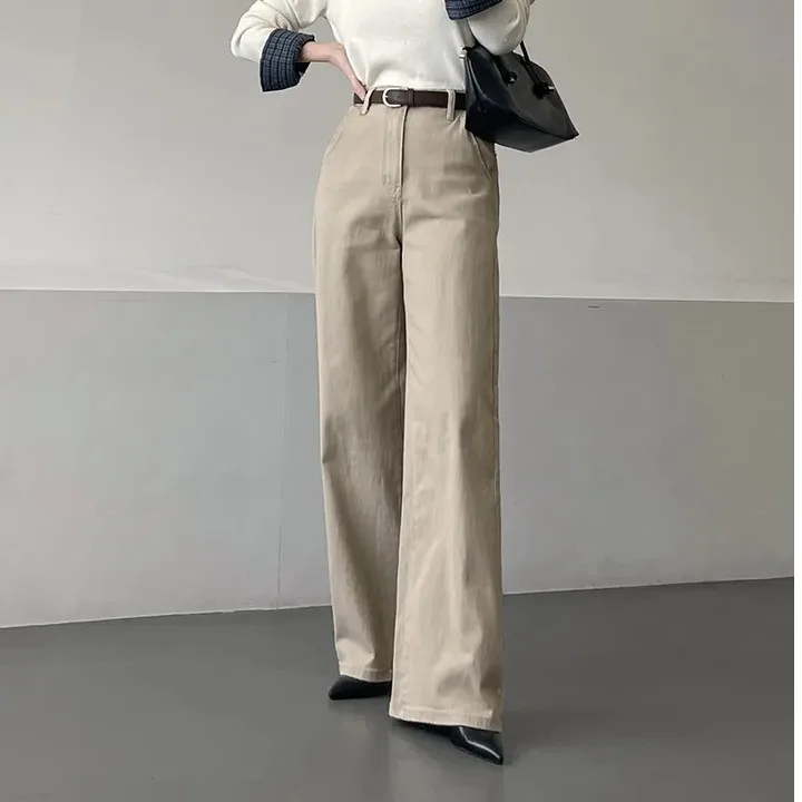 

2026 New Chic Retro Khaki Wide Leg Pants Loose Jeans Ladies Fashion Natural Waist Zipper Closure Summer Collection Polyester ...