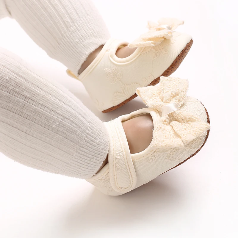 

Apricot Colored Cute 0-18M Baby Girl Princess Bow Flat Shoes Baby Walking Shoes Soft Rubber Sole Anti Slip Princess Shoes