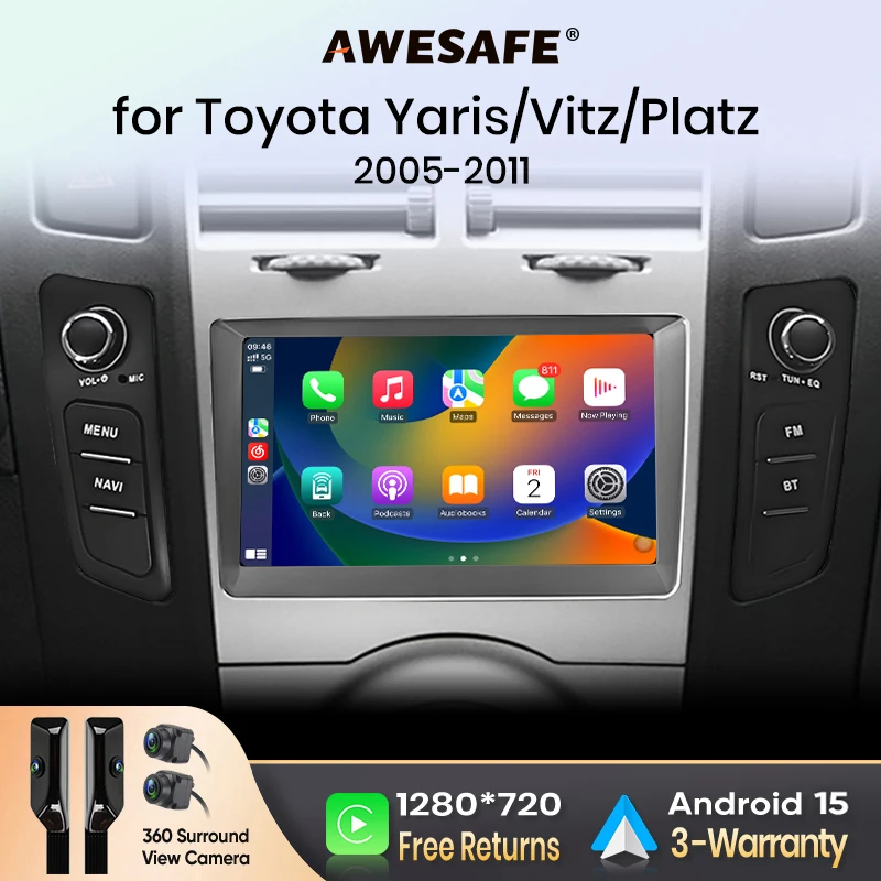 AWESAFE Bezprzewodowy CarPlay Android Auto do Toyota Yaris XP90 Vitz Platz 2005-2011 Radio Samochodowe Odtwarzacz Multimedialny Stereo Wi-Fi Nawigacja GPS 2 Din Autoradio Inteligentne Systemy