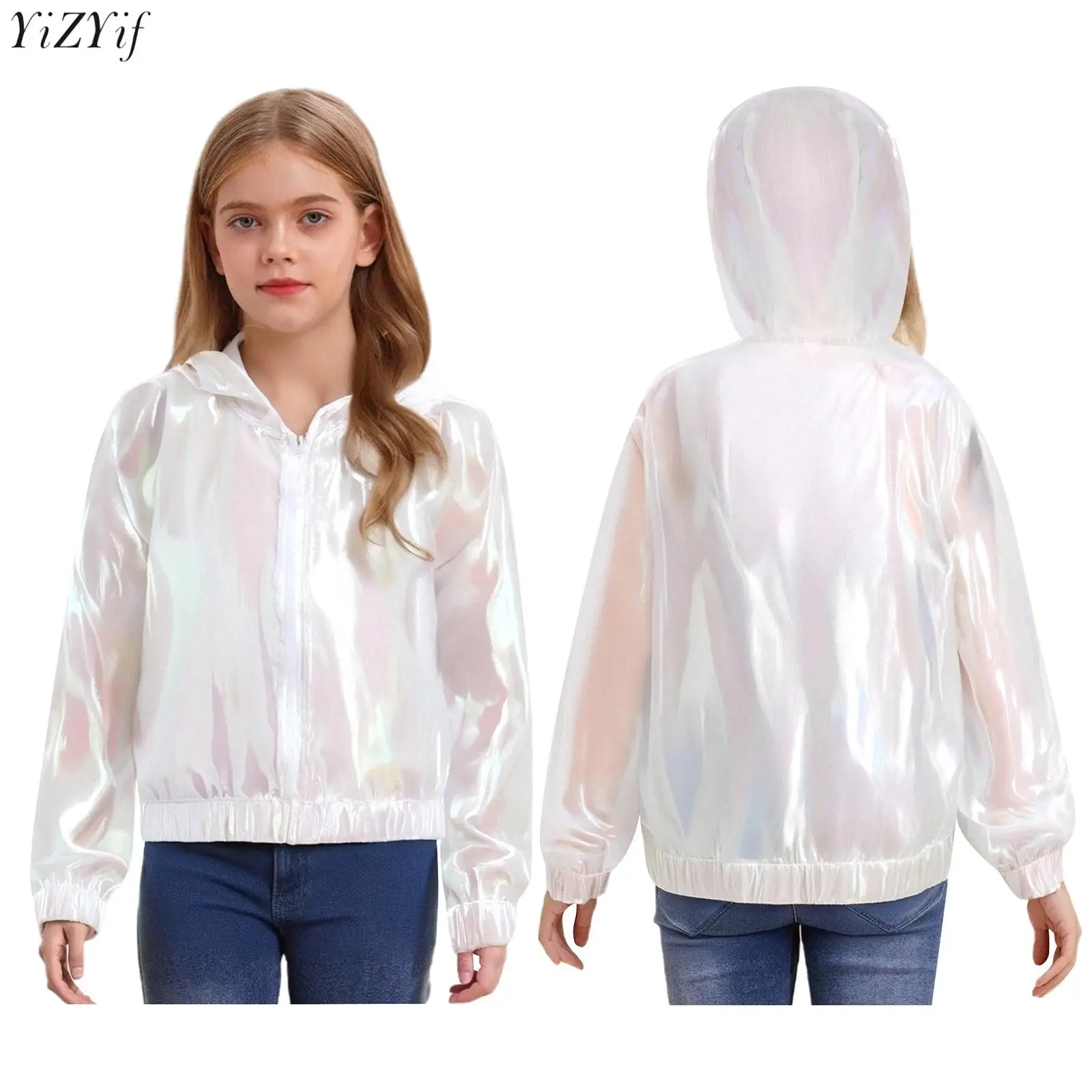 

Kids Girls Jacket Outwear Sun Protective Clothing Fashion Shimmery See-Through Thin Light Jacket Long Sleeve Zipper Hooded Coat