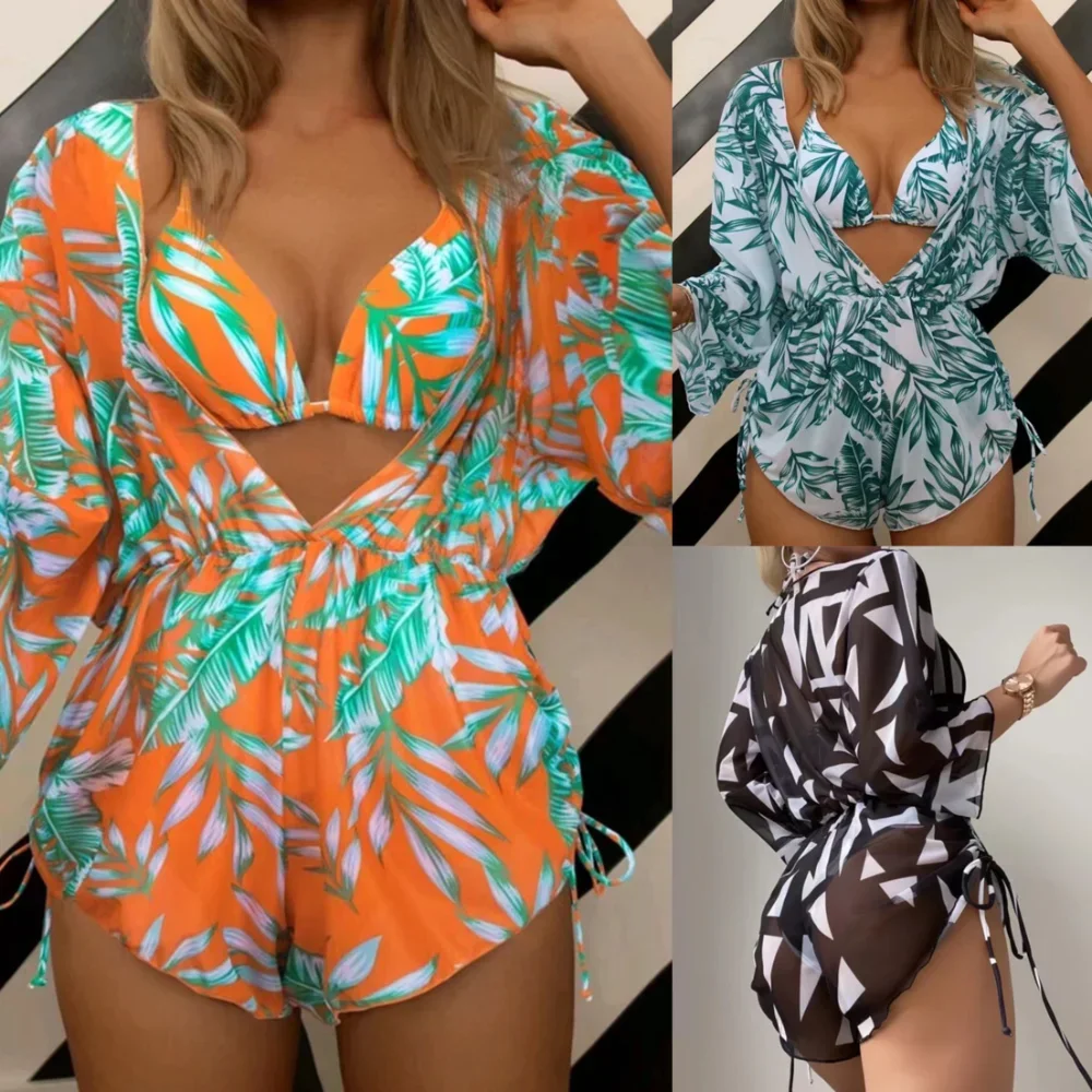 Sexy Print Bikini Set Three Piece Swimming Suits Bathing Suit Woman Beachwear High Waist Drawstring Swimsuit Women Swimwear