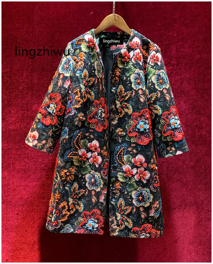 

lingzhiwu Jacquard Trench Luxury Handmade Beading Top Quality Mid-Length For Mother Outerwear Female 2024 Spring New Arrive