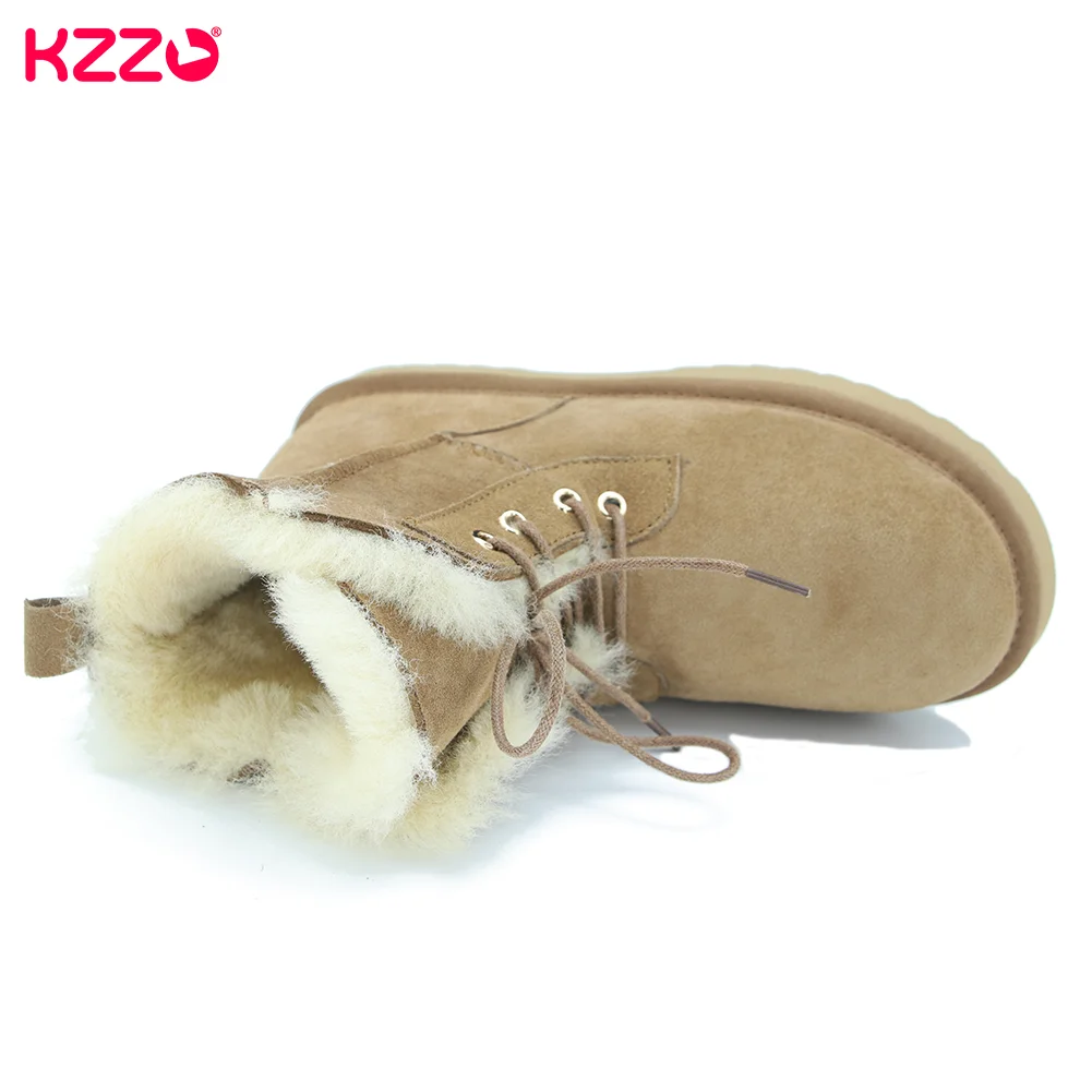 KZZO Women New Fashion Short Casual Lace-up Snow Boots Real Sheepskin Suede Leather Natural Wool Fur Lined Winter Warm Shoes