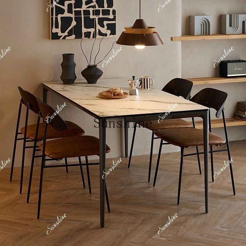 

Nordic modern Italian minimalist imported rock slab glass island metal wrought iron dining tableXX