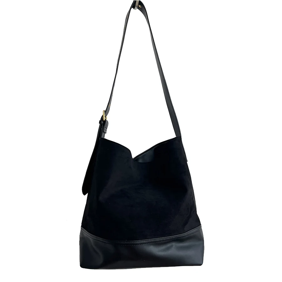 Autumn new vintage bucket bag with suede, large capacity, daily commuting single-shoulder crossbody bag, patchwork ladies' totes