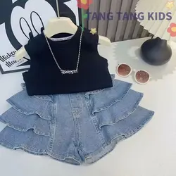 Spring Girls Suit Kids Top + Ripped pearl Denim Pants 2pcs Clothing Set Clothes Outfit 3 4 5 T 2022 New