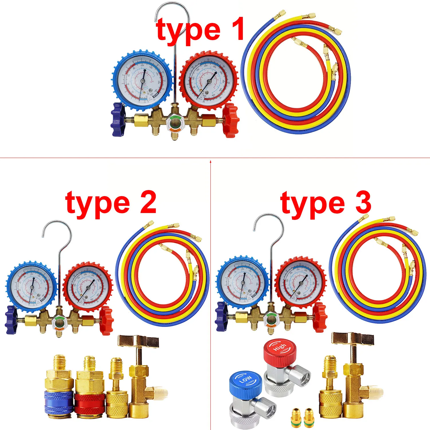 3 Way AC Manifold Gauge Set with Hoses Couplers & Adapter Refrigerant AC Gauges Automotive AC Gauge Set for R12 R22 R404A R134A