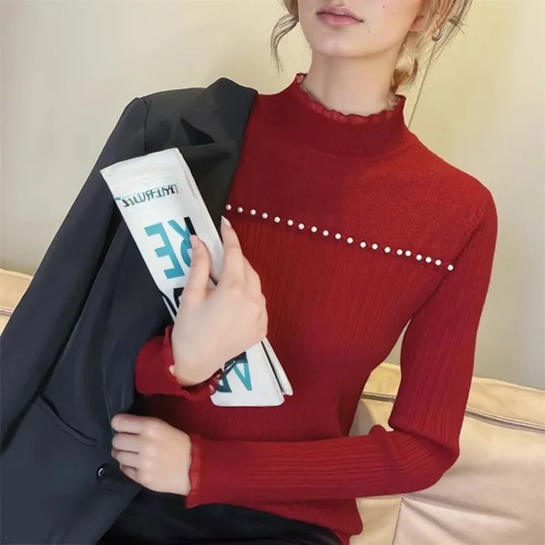 

Autumn New Style Base Layer Top Sweet Women's Sweater Half High Collar Slim Fit Lace Inner Wear Knitted Top Spring