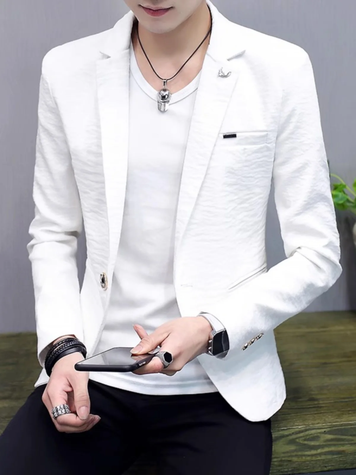 

Slim Fit Men's Thin Single-breasted Jaet Spring Autumn Faionable Pure Color Korean Sle Casual Wear Stand Fit Polyest...