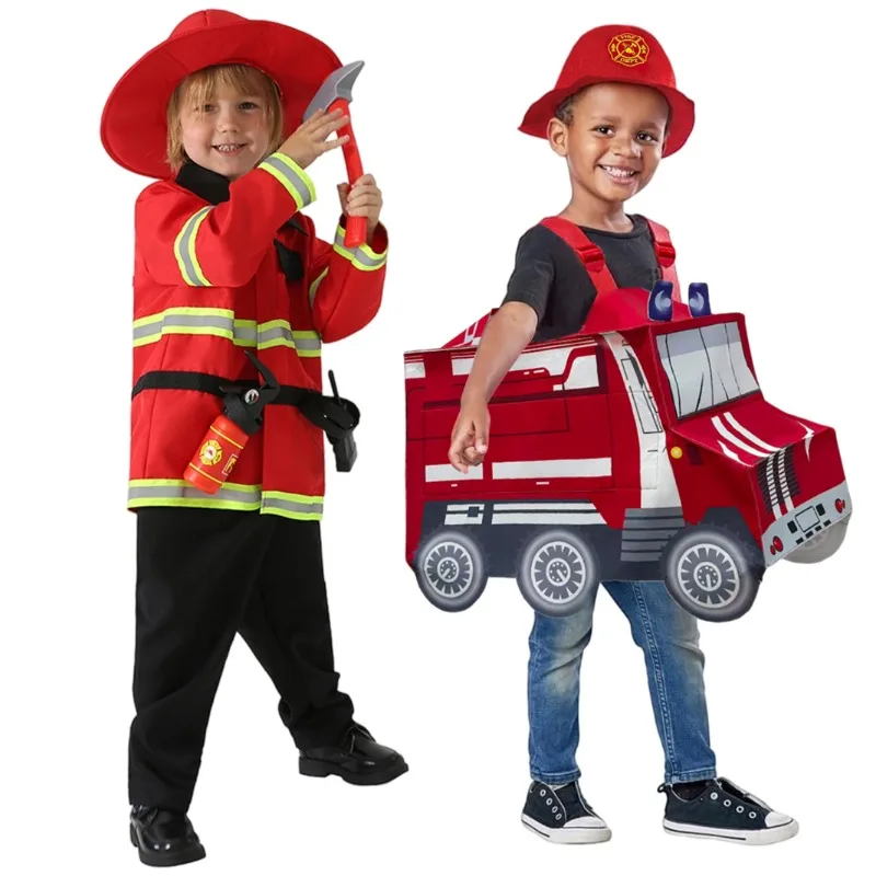 

Firefighter Cosplay Fire Truck Costume with Hat Employee Uniforms 2 Pcs Role Play Outfit with Accessories Full Set for Girls Boy