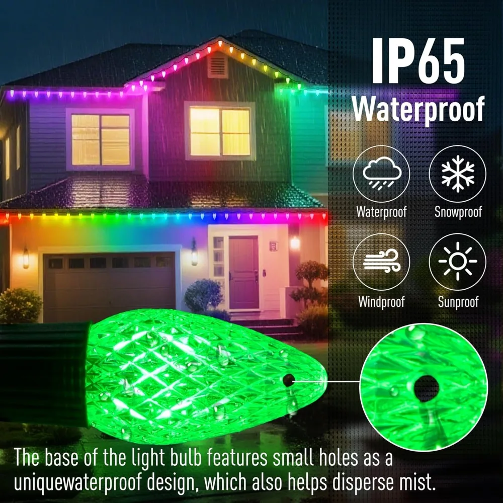 C9 스마트 RGB 크리스마스 조명 - 95피트, 100개의 LED, 앱 제어, 105가지 모드, 파티 준비 완료, 파손 방지 및 방수
