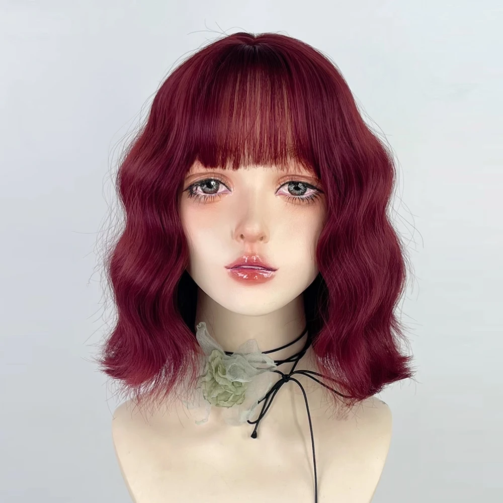 GAKA Synthetic Short Bob Rose Red Women Wavy Wig with Bangs Lolita Cosplay Natural Fluffy Hair Heat Resistant Wig