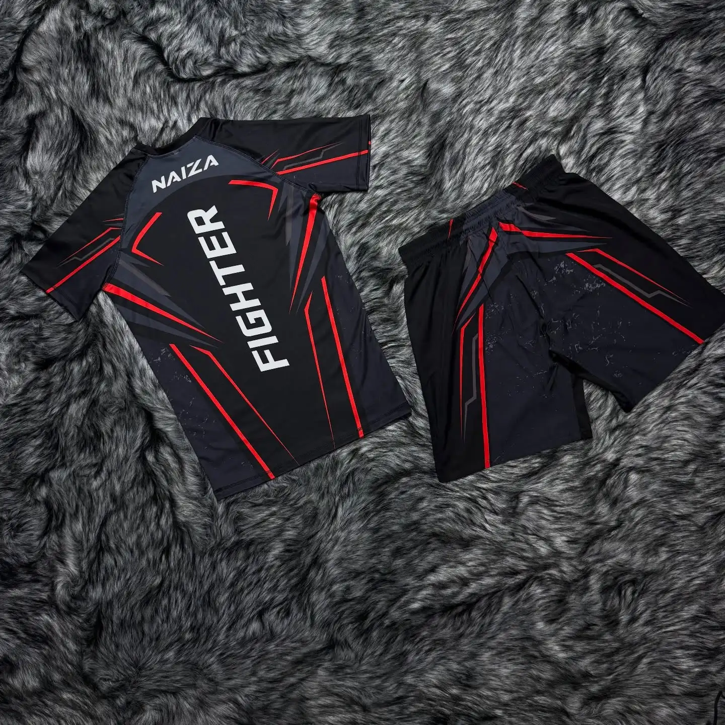 Fighter MMA Set Men's Black Red Stripe Print Short Sleeve & Fight Shorts Quick-Dry Combat Training Sets For Adults/Kids