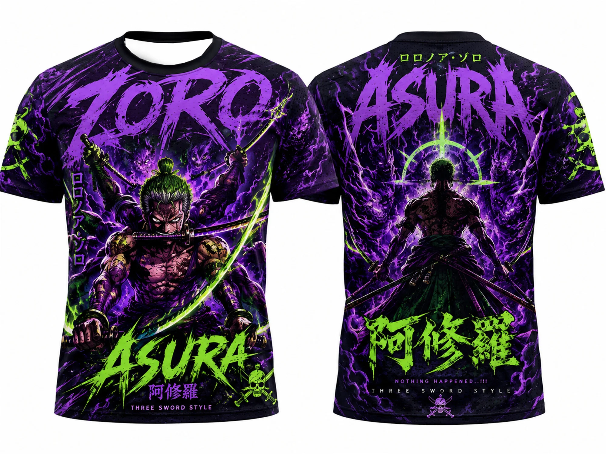 One Piece Zoro Three Sword Style Graffiti Printed T Shirt For Men Women Fans Breathable Mesh Fabric Loose Street Sports Casual T